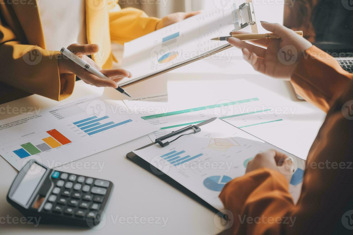 Team of business people working together in the meeting room office, teamwork background charts and graphs banner, double exposure successful teamwork,business planning concept. photo
