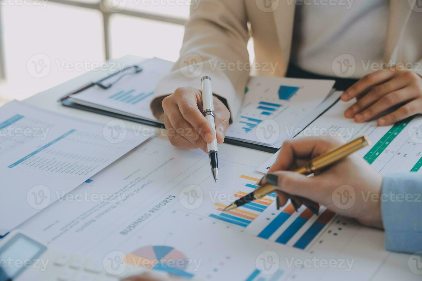 Team of business people working together in the meeting room office, teamwork background charts and graphs banner, double exposure successful teamwork,business planning concept. photo