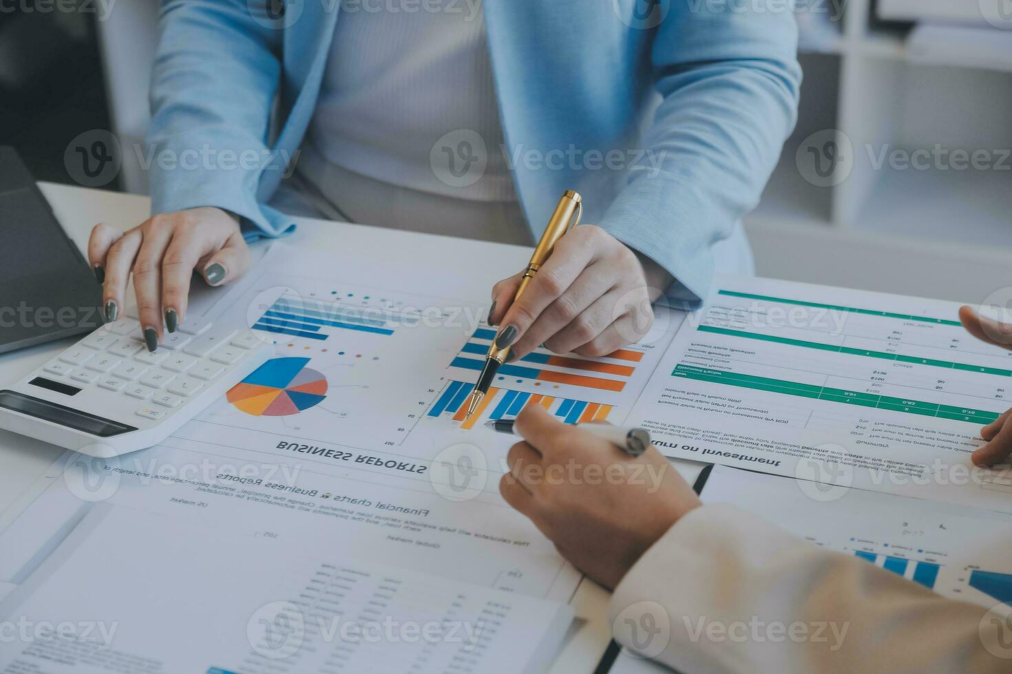 Team of business people working together in the meeting room office, teamwork background charts and graphs banner, double exposure successful teamwork,business planning concept. photo