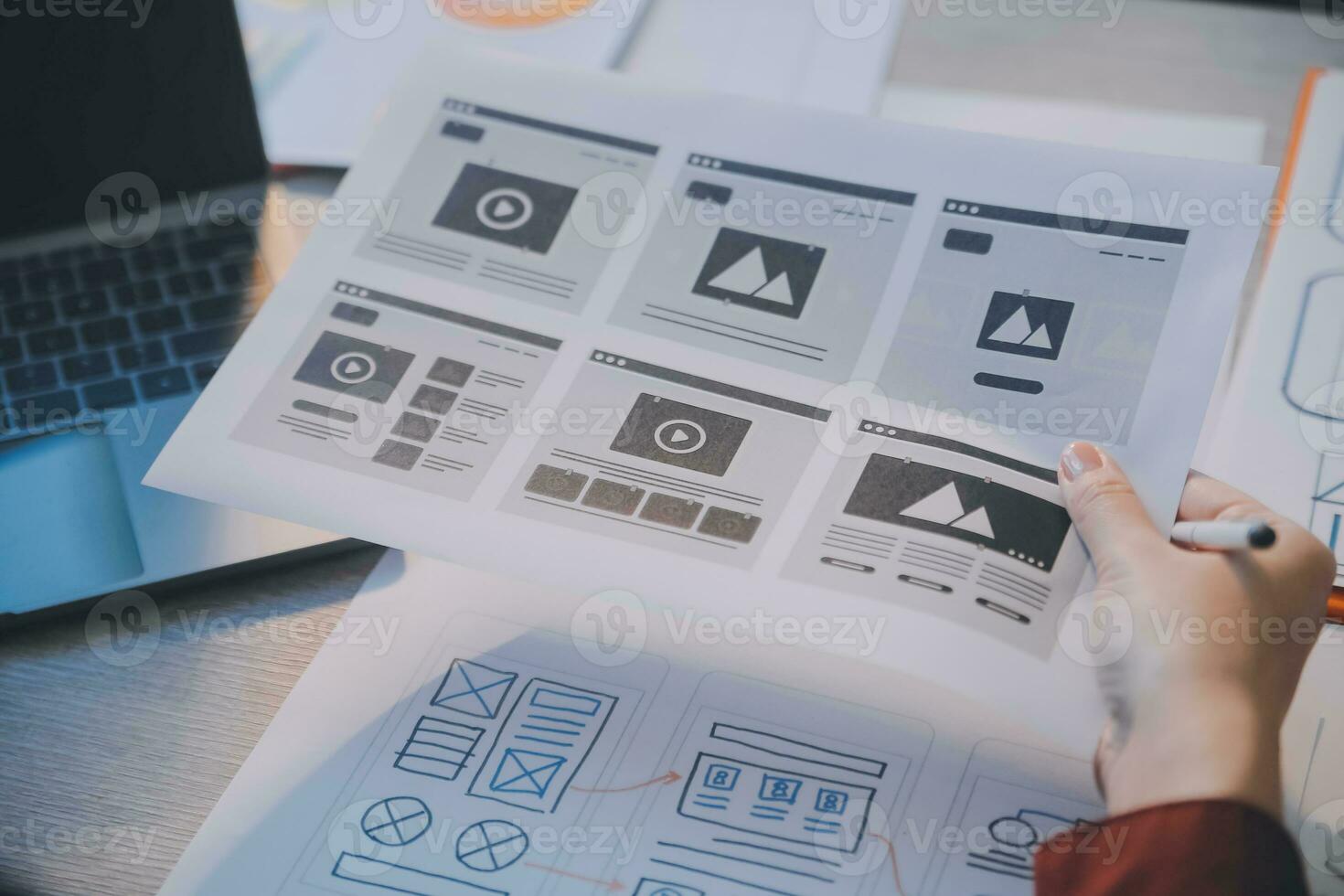 UX UI design process for modish mobile application and website . Creative prototype of wireframe for professional app developer . photo