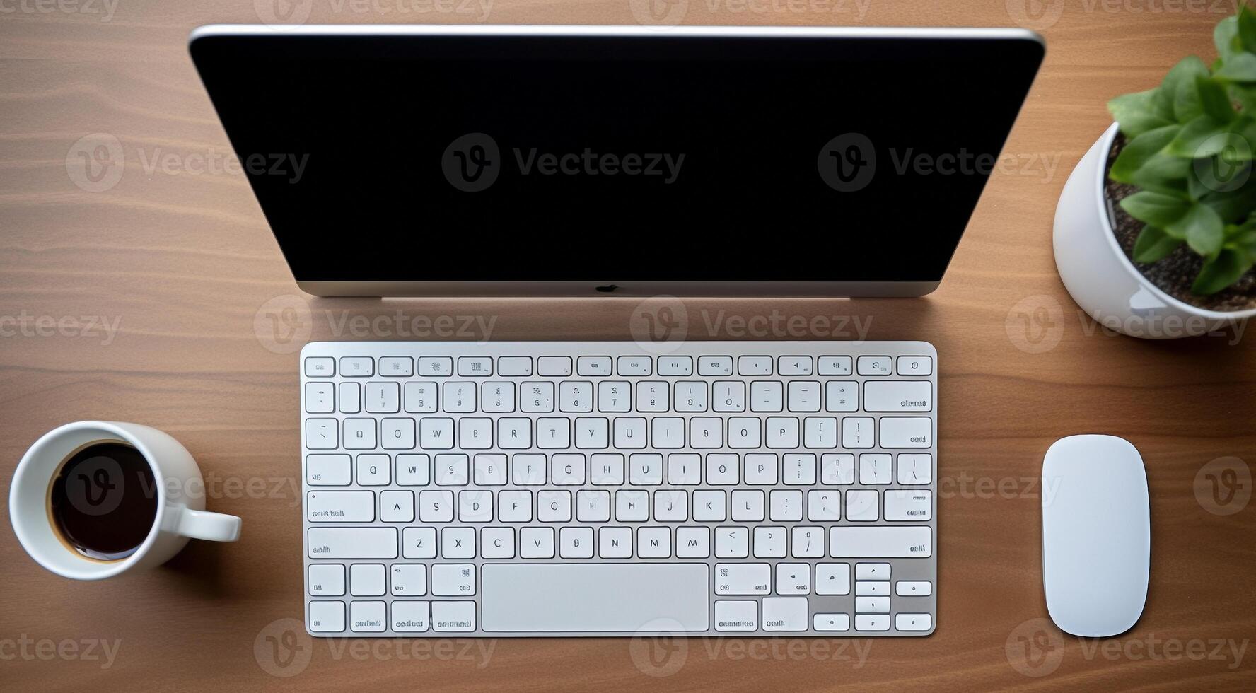 AI generated close-up of cup of coffee and laptop keyboard, business mans table, keyboard on the table, close-up of laptop keyboard, keyboard and cup of coffee photo