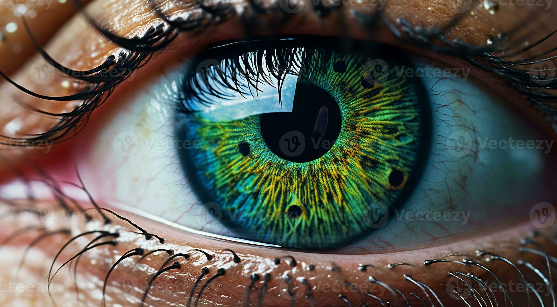 AI generated close up of a female eye, pupil of eye, close-up of green colored eye, colored eye, beautiful colored eye close up photo