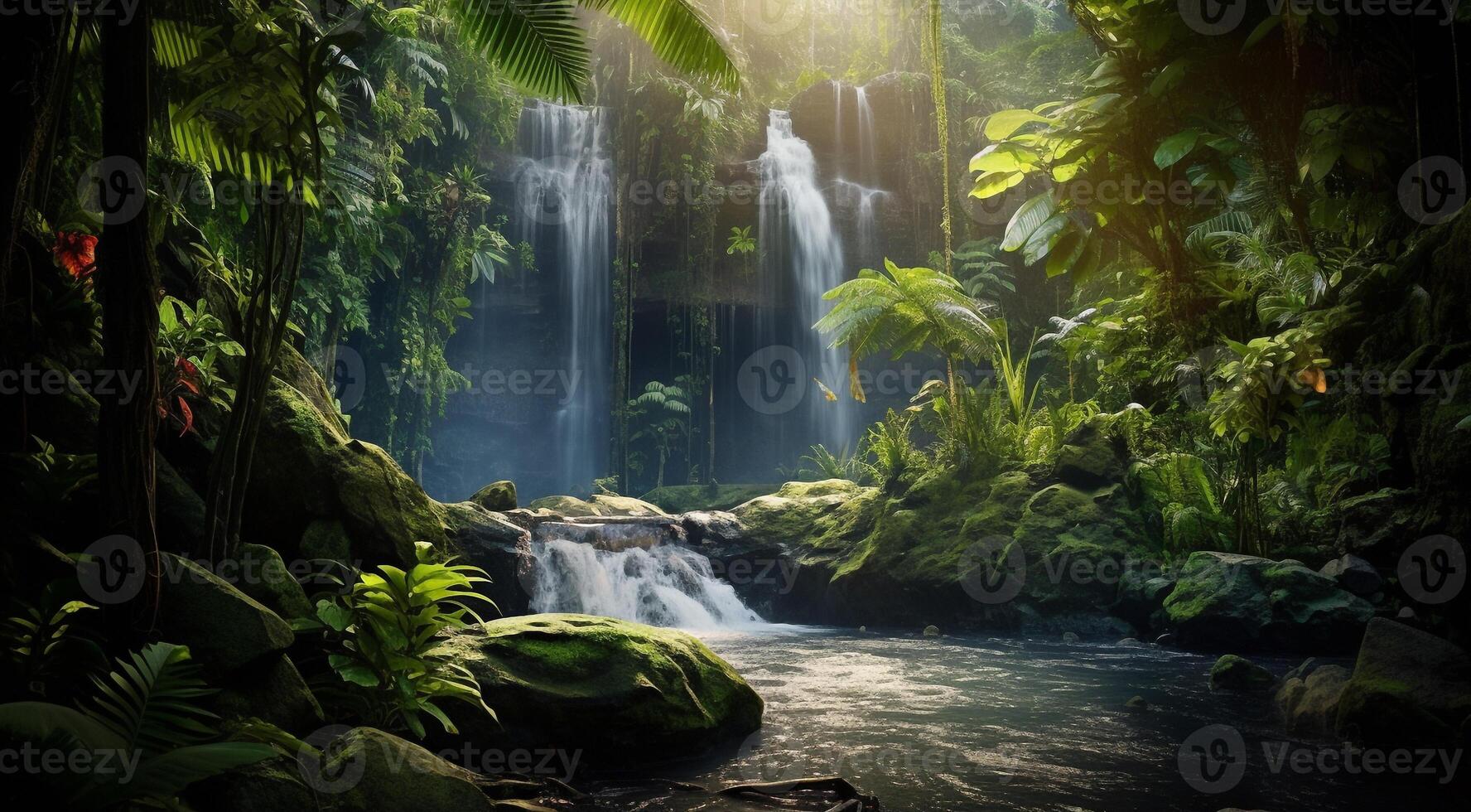 AI generated waterfall in forest, waterfall in the jungle, tropical landscape in the jungle, plants and green trees in the jungle, waterfall with lake in the forest photo