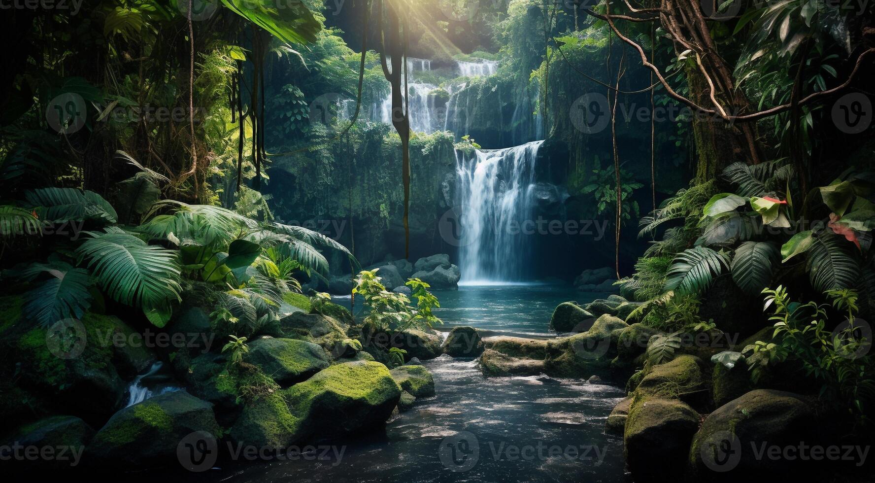 AI generated waterfall in forest, waterfall in the jungle, tropical landscape in the jungle, plants and green trees in the jungle, waterfall with lake in the forest photo