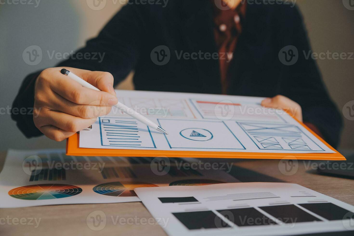 UX UI design process for modish mobile application and website . Creative prototype of wireframe for professional app developer . photo