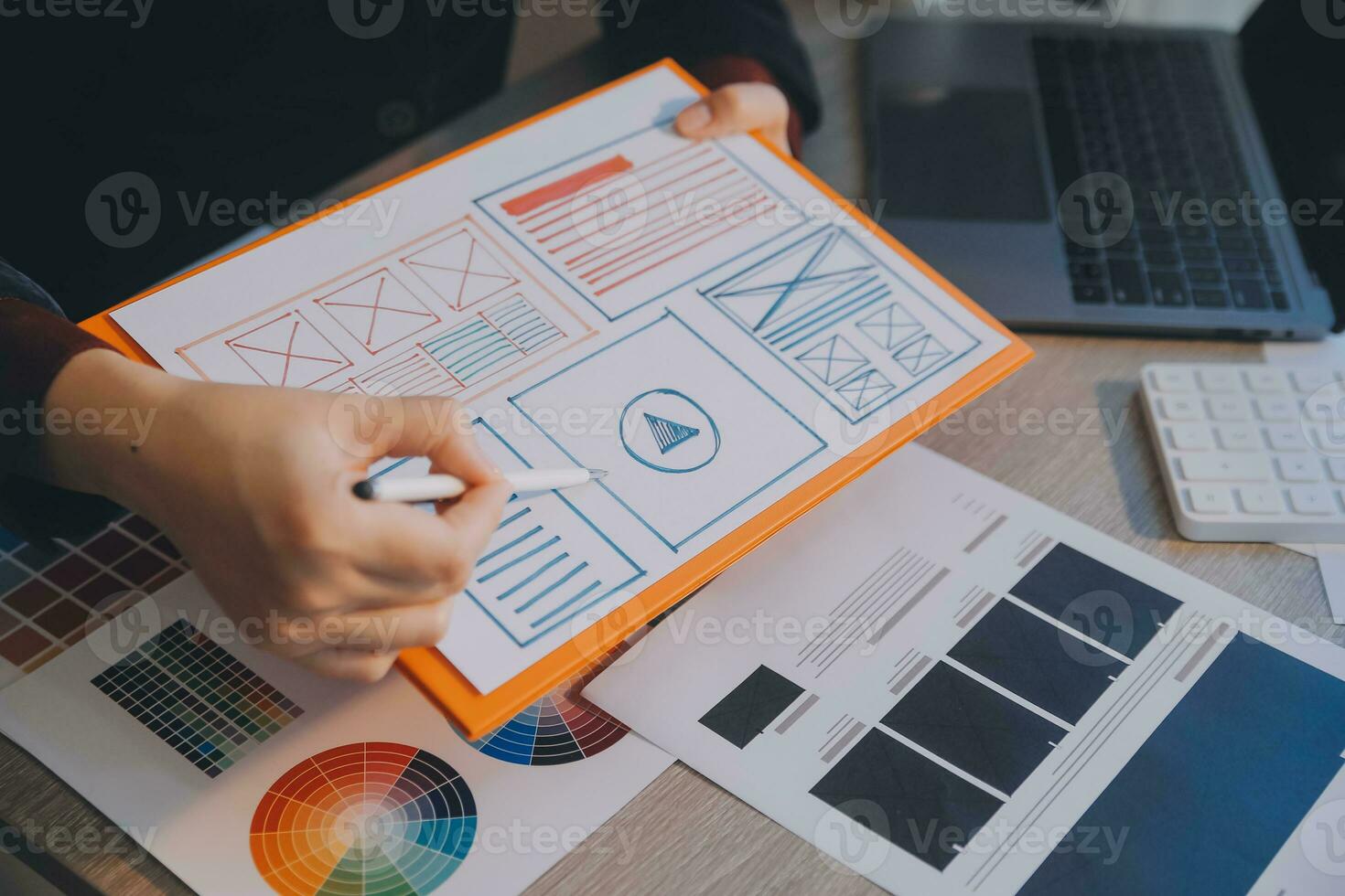 UX UI design process for modish mobile application and website . Creative prototype of wireframe for professional app developer . photo