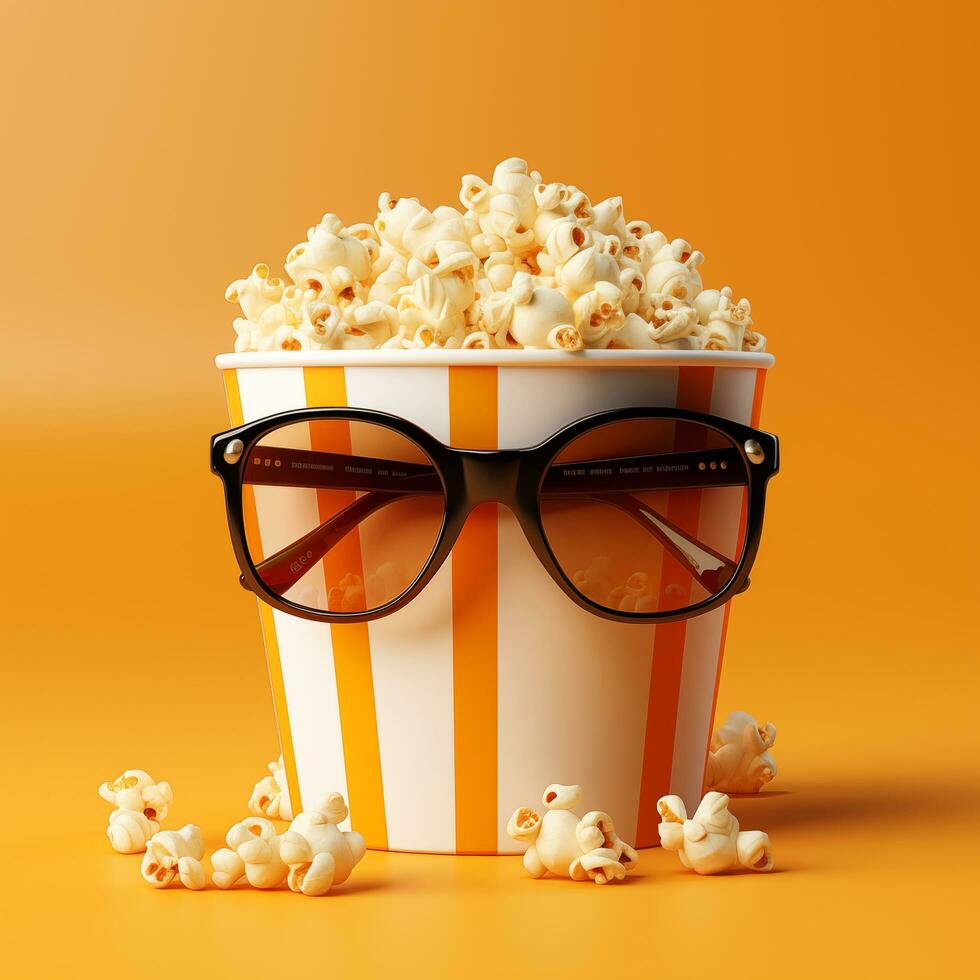 AI generated A yellow container with popcorn and sunglasses photo