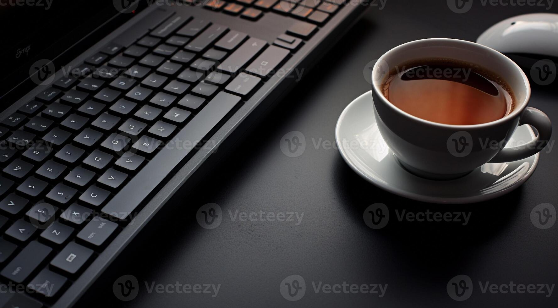 AI generated close-up of cup of coffee and laptop keyboard, business mans table, keyboard on the table, close-up of laptop keyboard, keyboard and cup of coffee photo