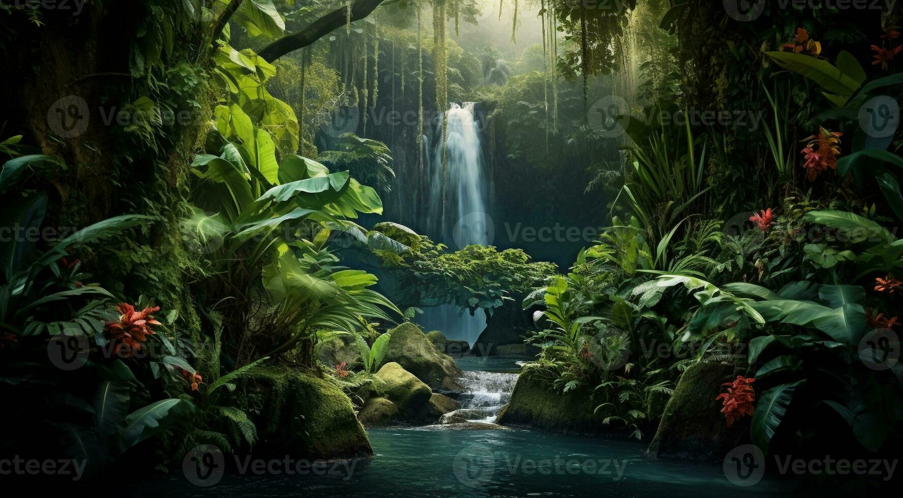 AI generated waterfall in forest, waterfall in the jungle, tropical landscape in the jungle, plants and green trees in the jungle, waterfall with lake in the forest photo