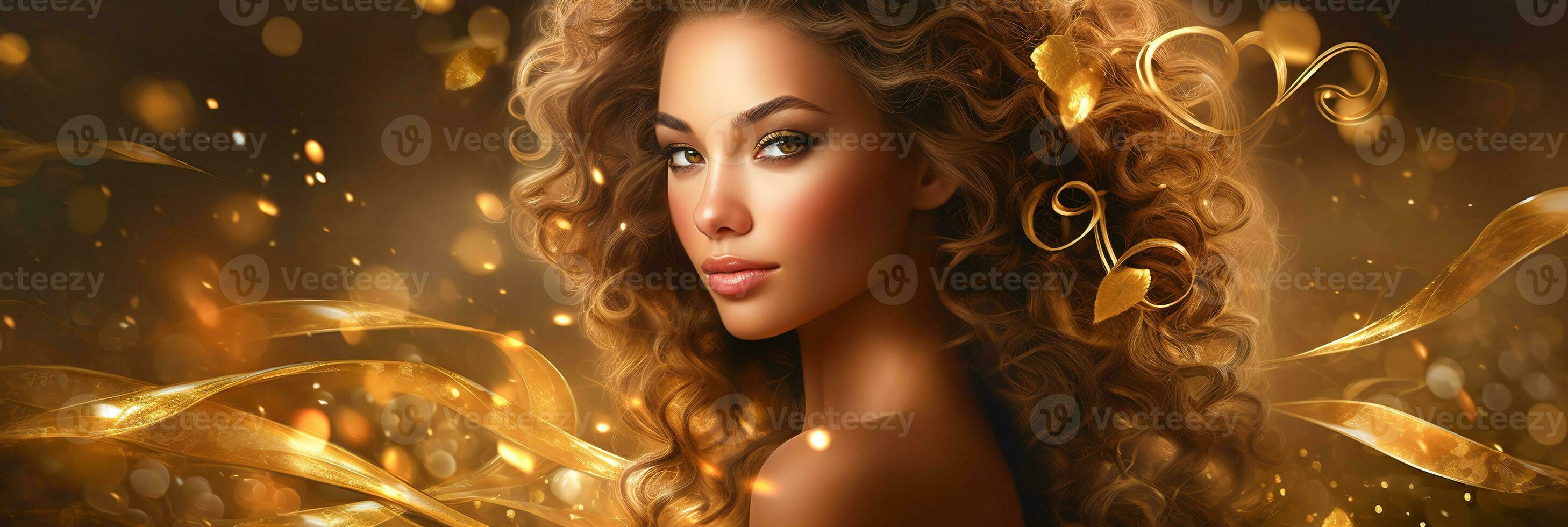 AI generated Banner Elegant woman with golden curls and shimmering light, ideal for beauty and luxury themes photo