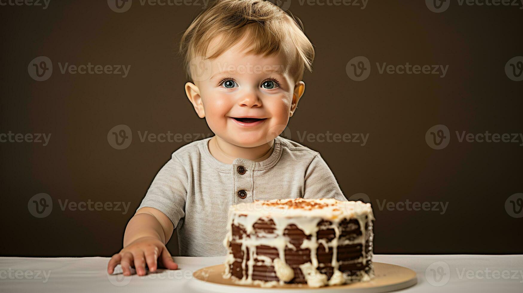 AI generated Happy baby with cake, first birthday celebration, cute toddler portrait, sweet dessert, child's joy, family milestone, party photography. photo