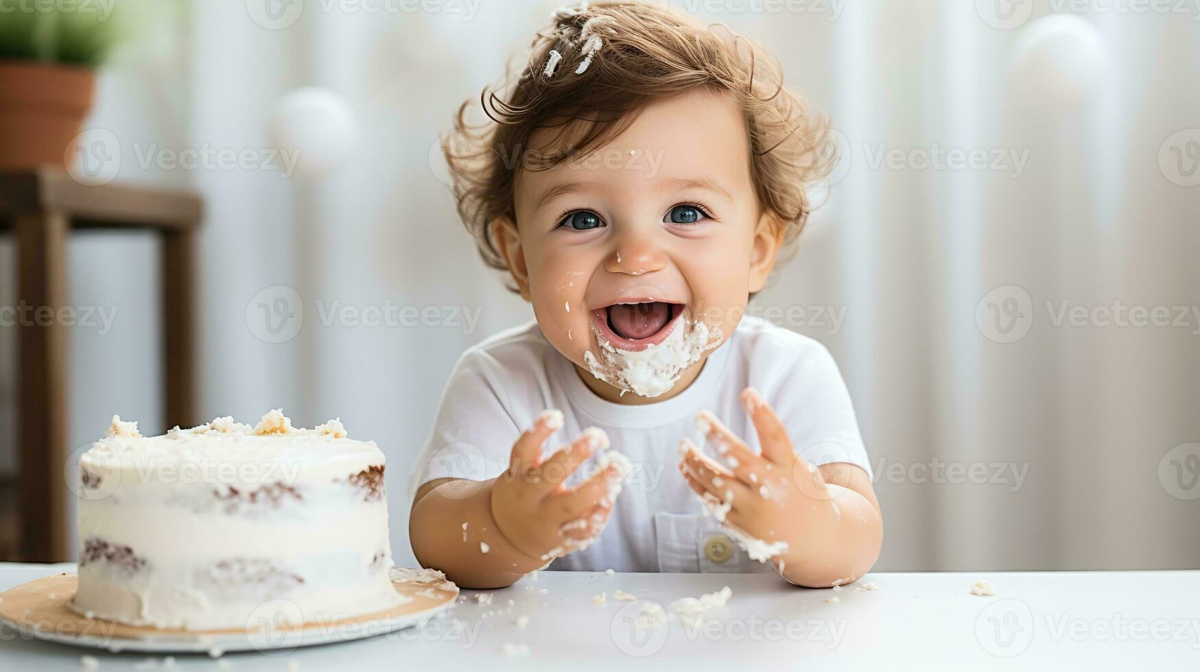 AI generated Happy baby's first birthday cake smash, joyful toddler with messy face, white frosted cake, celebration concept. photo