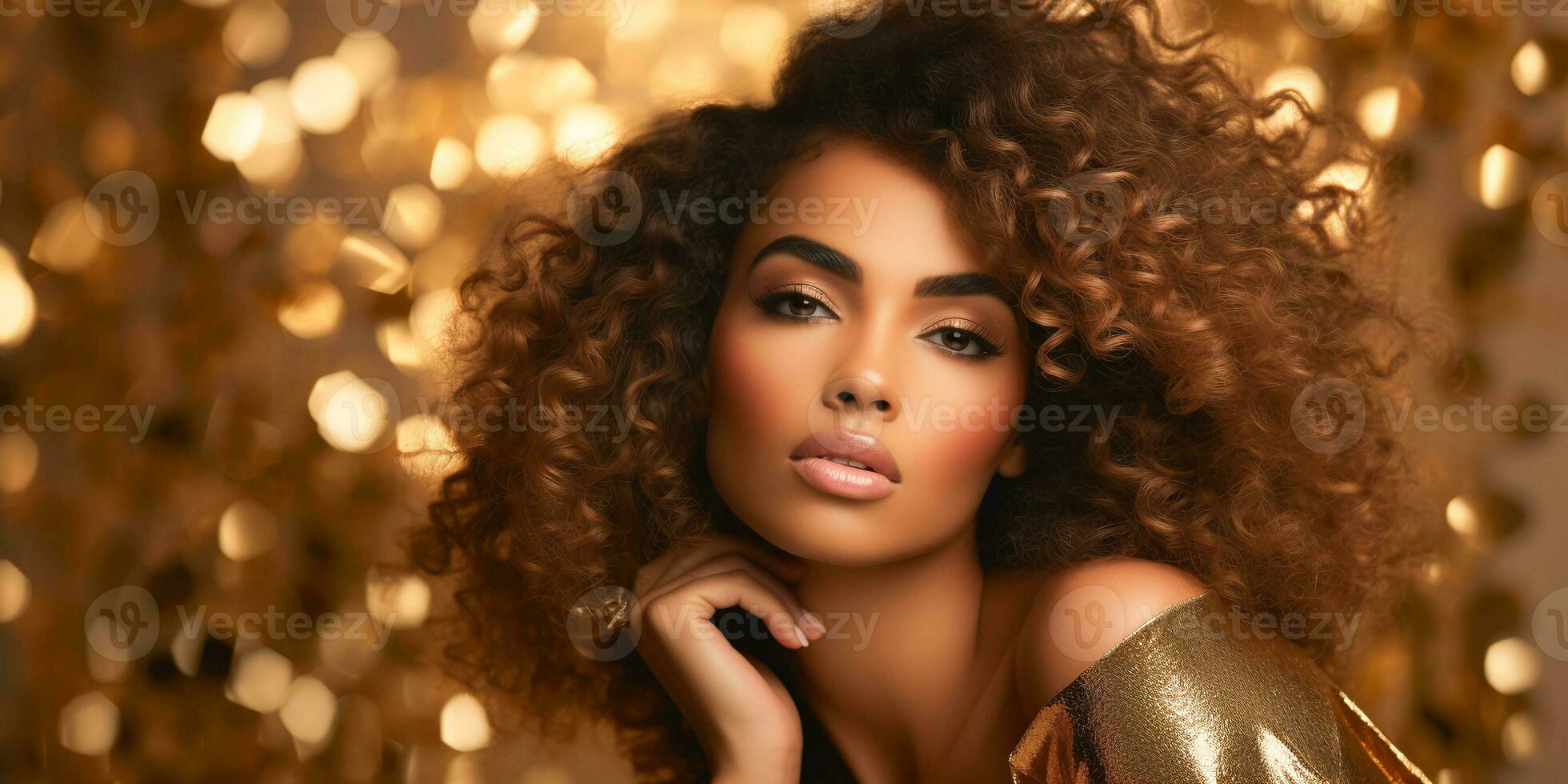 AI generated Banner Stunning mixed-race model with big curly hair, golden dress, makeup beauty close-up photo