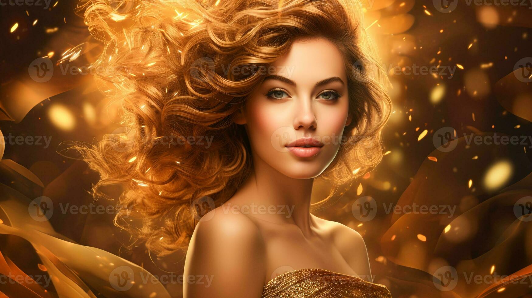 AI generated Banner Stunning portrait of a lady with flowing golden locks and glitters photo