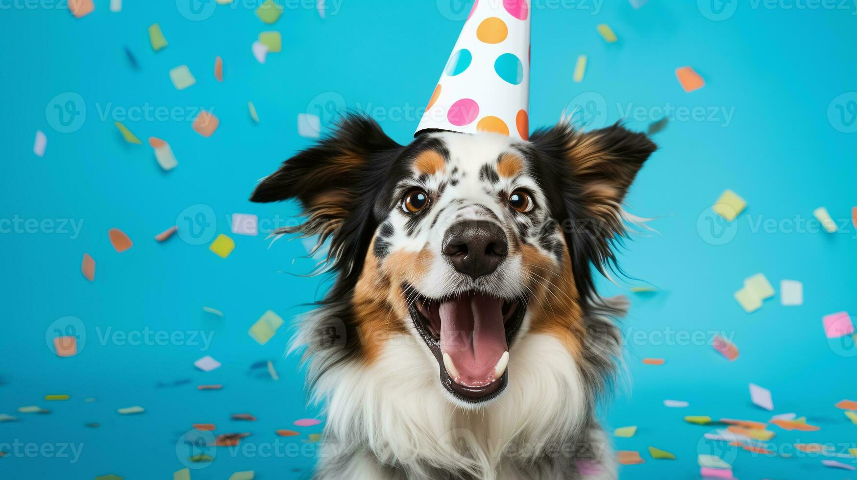 AI generated Merle Australian Shepherd birthday party, cheerful dog, blue background with confetti photo