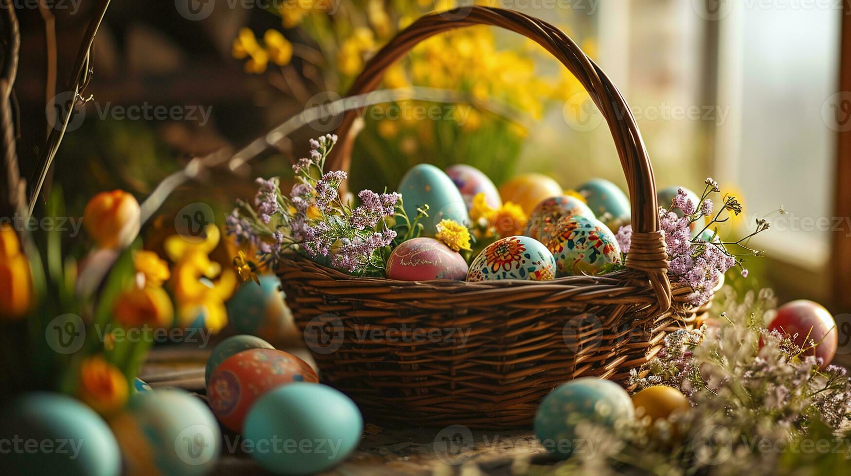 ai generado Pascua de Resurrección cesta con vistoso huevos y primavera flores en brillante fondo, festivo decoración, fiesta concepto. foto