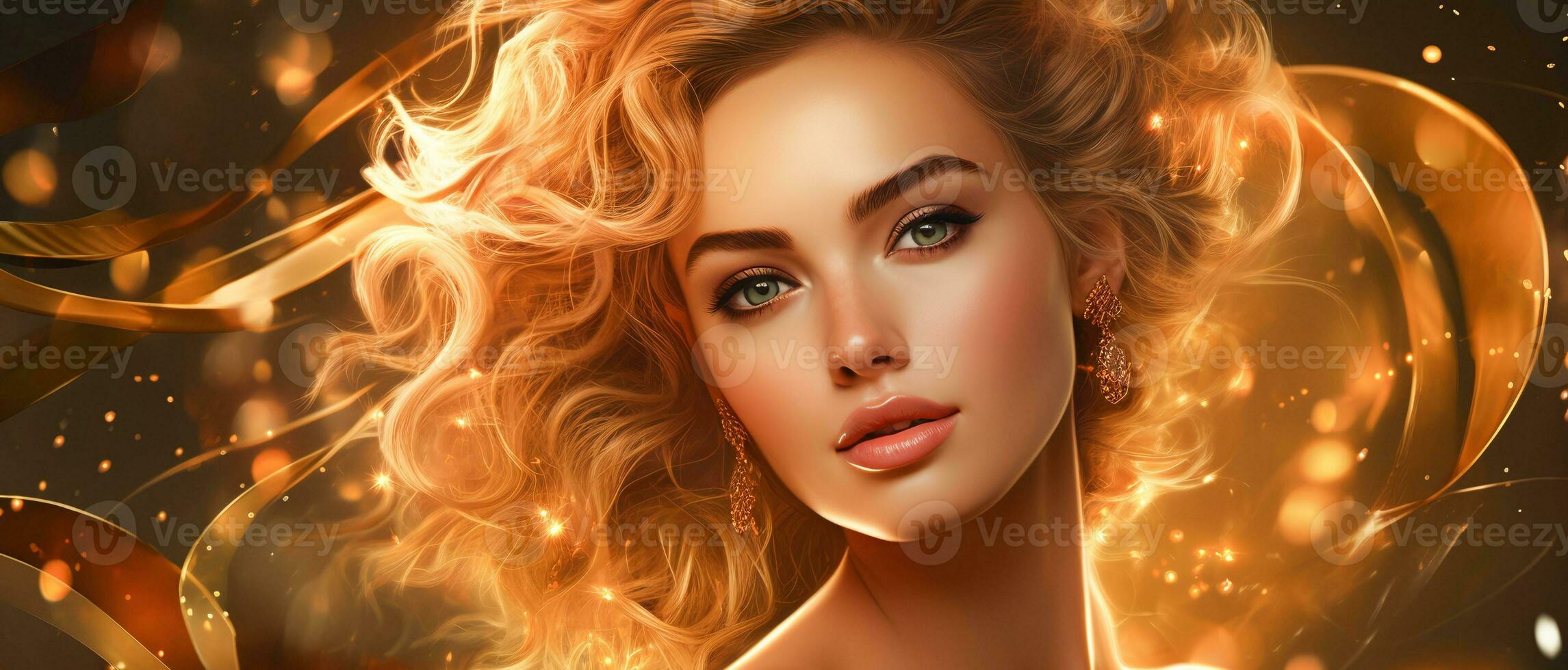 AI generated Banner Glamorous lady with flowing hair and golden earrings, perfect for fashion and glamour shots photo