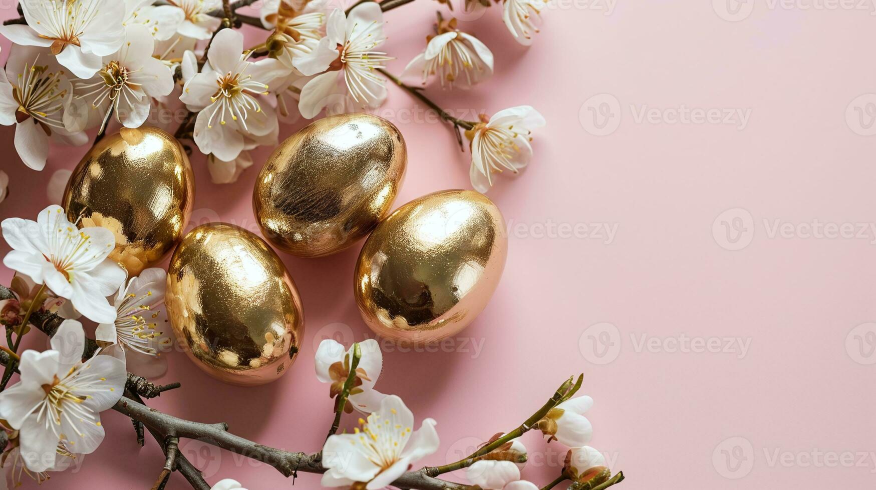 AI generated Golden Easter eggs with cherry blossoms on pink background for spring holiday designs. photo