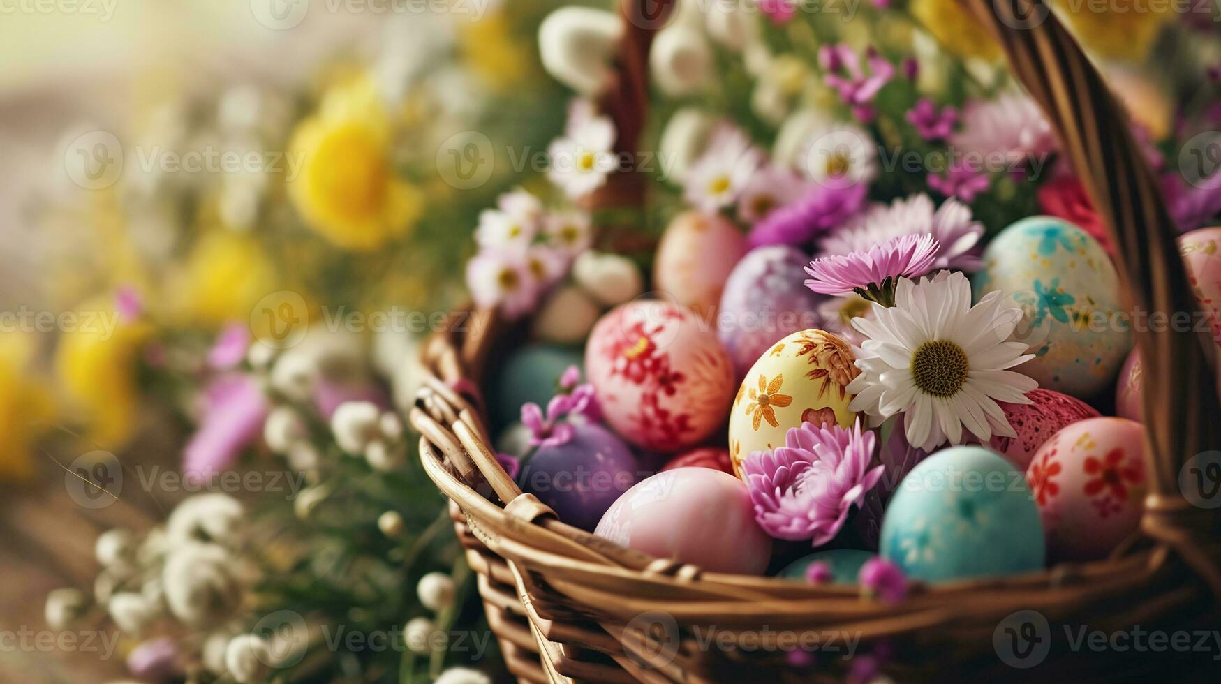 AI generated Easter basket with colorful eggs and flowers, perfect for spring holiday backgrounds and greeting cards. photo