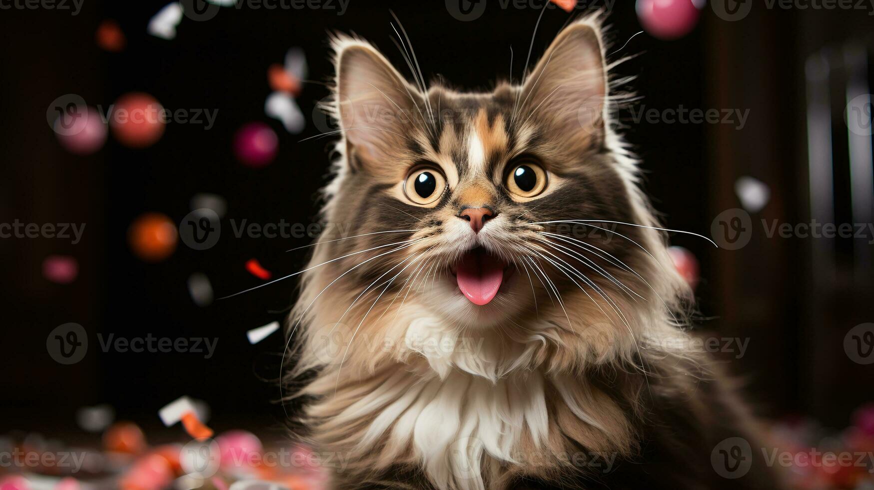 AI generated Adorable fluffy cat with wide eyes and tongue out, celebrating with colorful confetti background, perfect for birthday or party themes photo