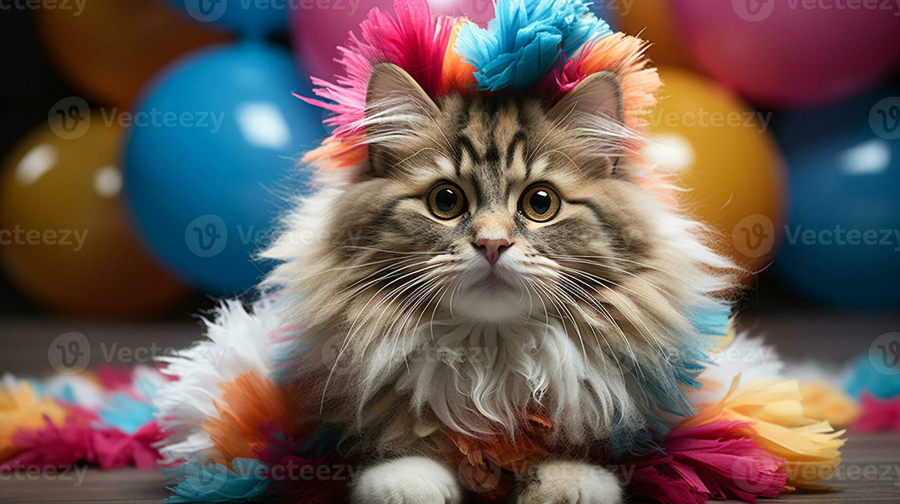 ai generado mullido gato con vistoso pluma boa, vibrante fiesta globos fondo, adorable felino retrato foto