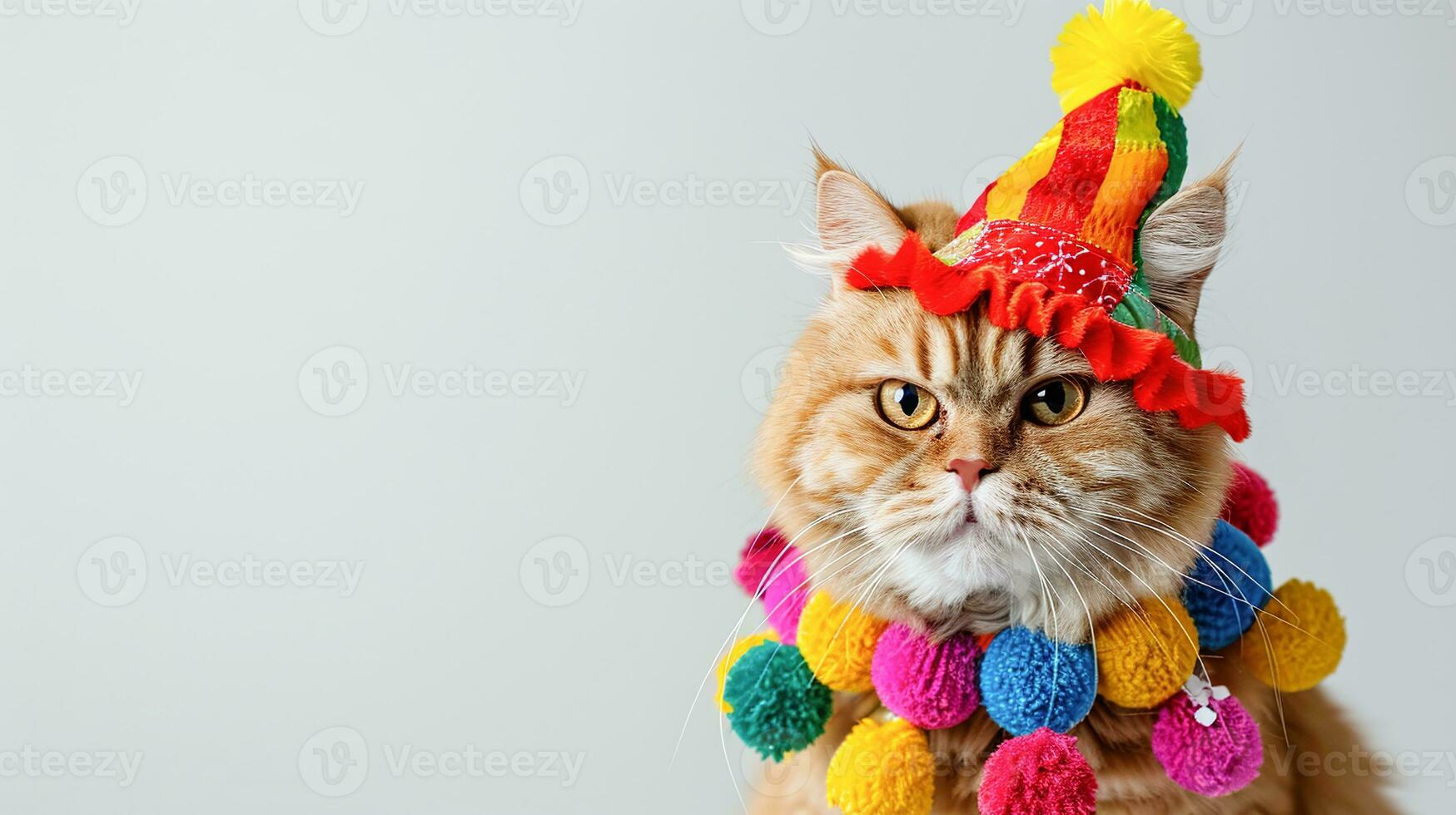 AI generated Orange tabby cat wearing a vibrant Mexican hat with colorful pom-poms, posing against a plain background, perfect for festive pet calendars and greeting cards photo