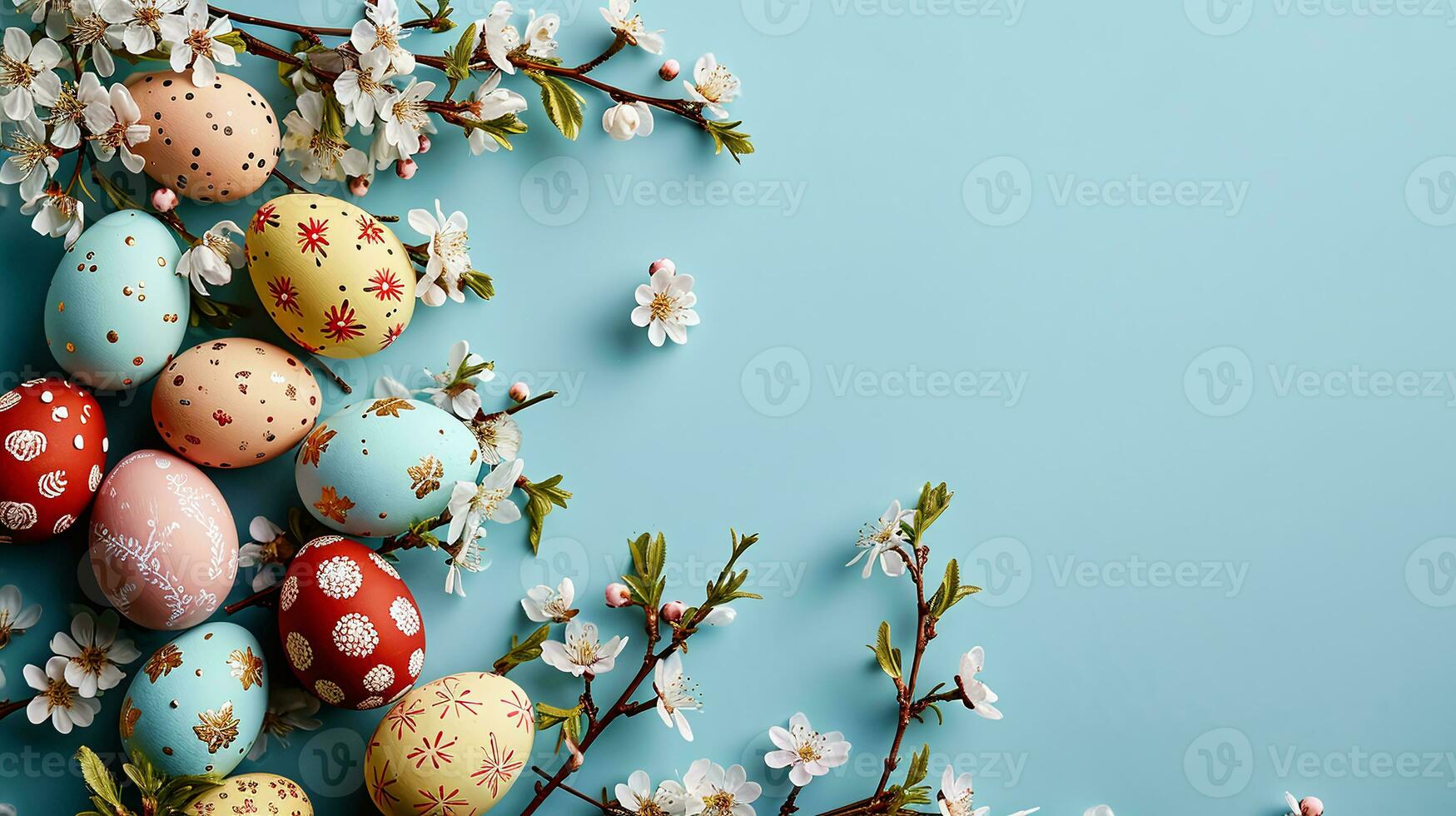AI generated Vibrant Easter eggs with floral patterns on a blue background with fresh spring blossoms, ideal for festive decoration and holiday greetings. photo