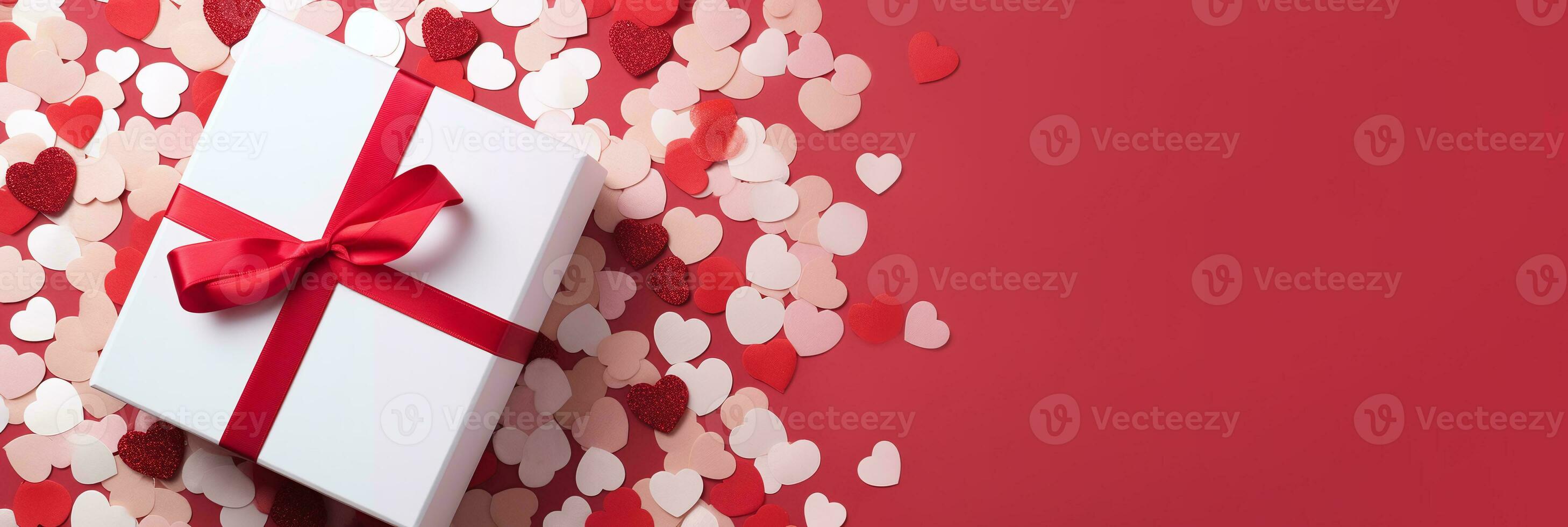 AI generated Valentine's Day background with white gift box, red ribbon, and heart confetti on red backdrop, perfect for love-themed, romantic, and holiday designs photo