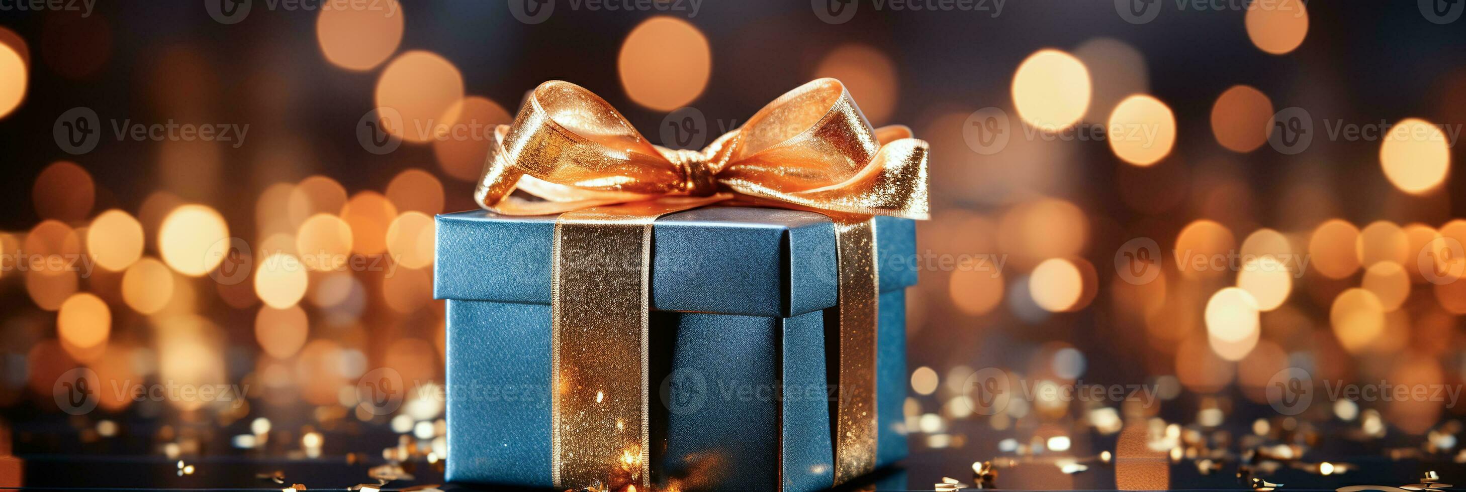 AI generated Banner Luxurious gift with sparkling gold bow, navy blue box, celebration backdrop with golden stars photo