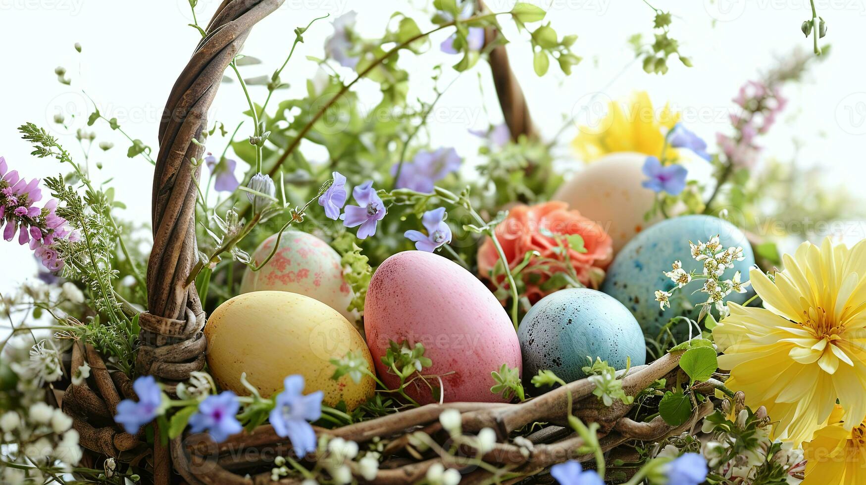 AI generated Colorful Easter eggs nestled in a rustic basket with vibrant spring flowers and greenery, ideal for festive holiday backgrounds and greeting cards. photo
