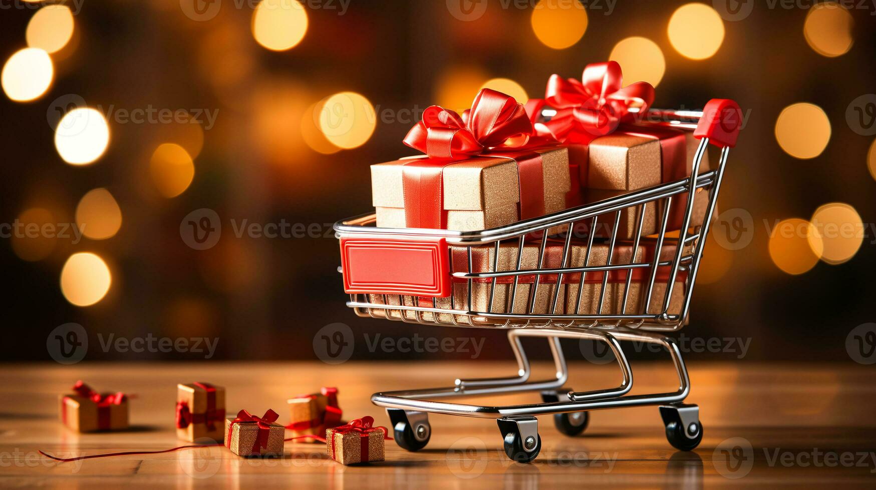 AI generated Holiday shopping spree, cart full of gift boxes, red festive bows, blurred lights backdrop photo