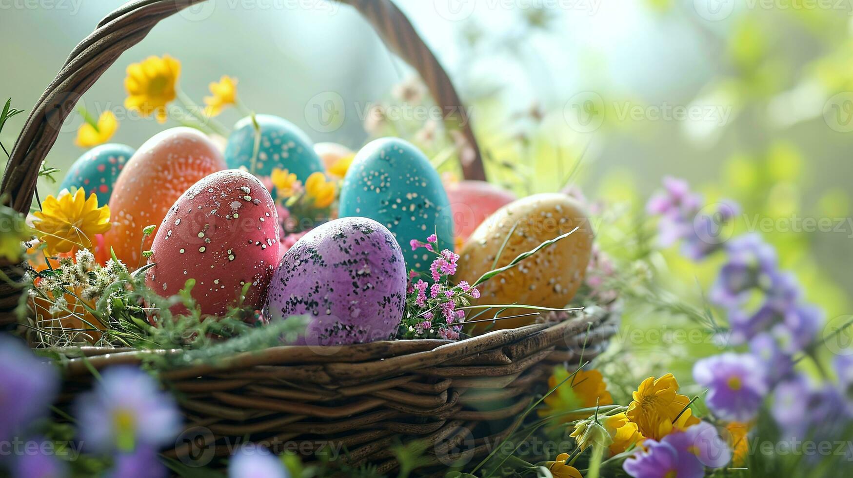 AI generated Vibrant Easter basket with colorful eggs and spring flowers, perfect for holiday backgrounds and greeting cards. photo