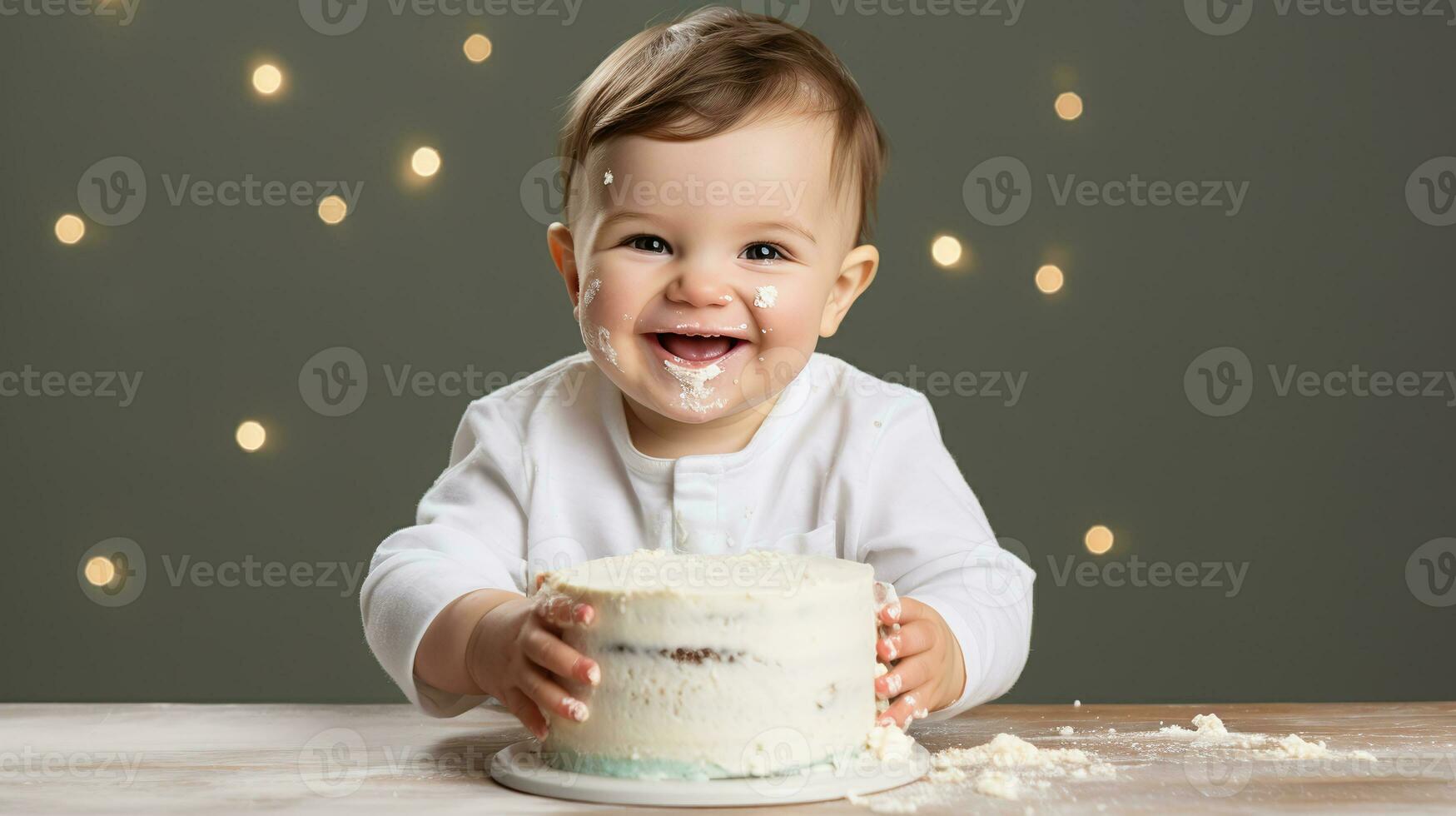 AI generated Happy baby enjoying first birthday with a messy cake smash, joyful infant celebration moment, perfect for family and parenting content. photo