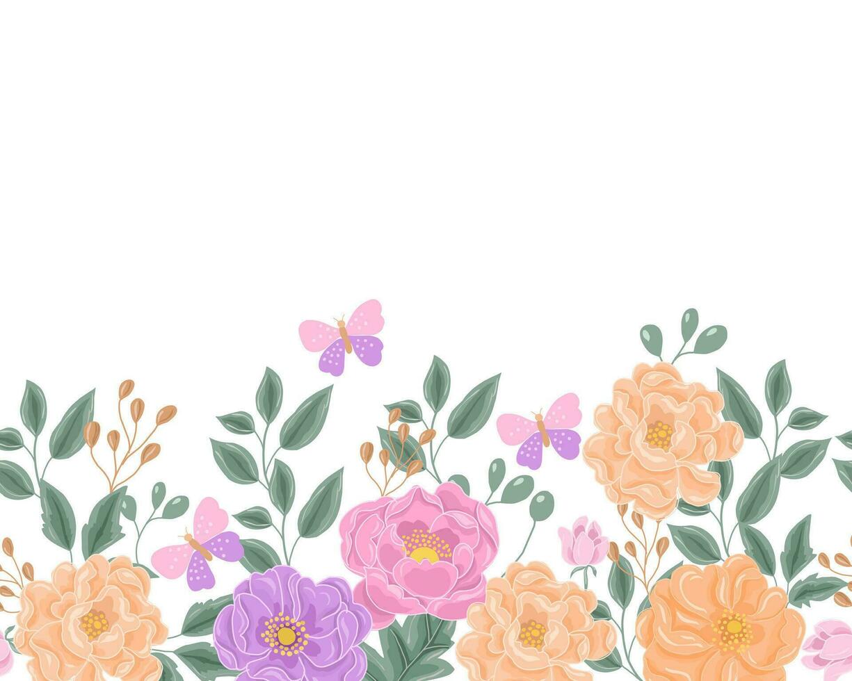 Hand Drawn Pastel Rose and Anemone Flower Seamless Background vector