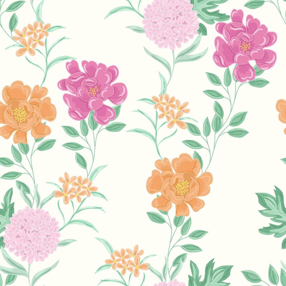 Hand Drawn Pastel Rose and Hydrangea Flower Seamless Pattern vector