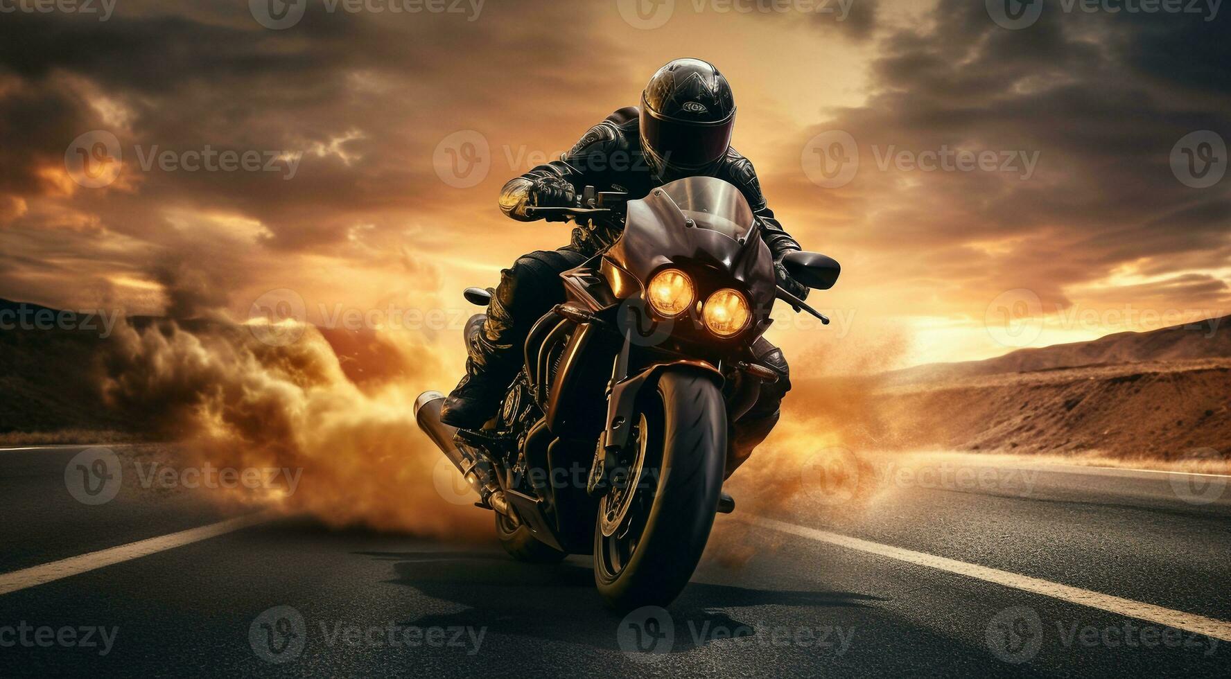 AI generated close-up of biker on the street, motorcycle on the street, cyclist with helmet photo