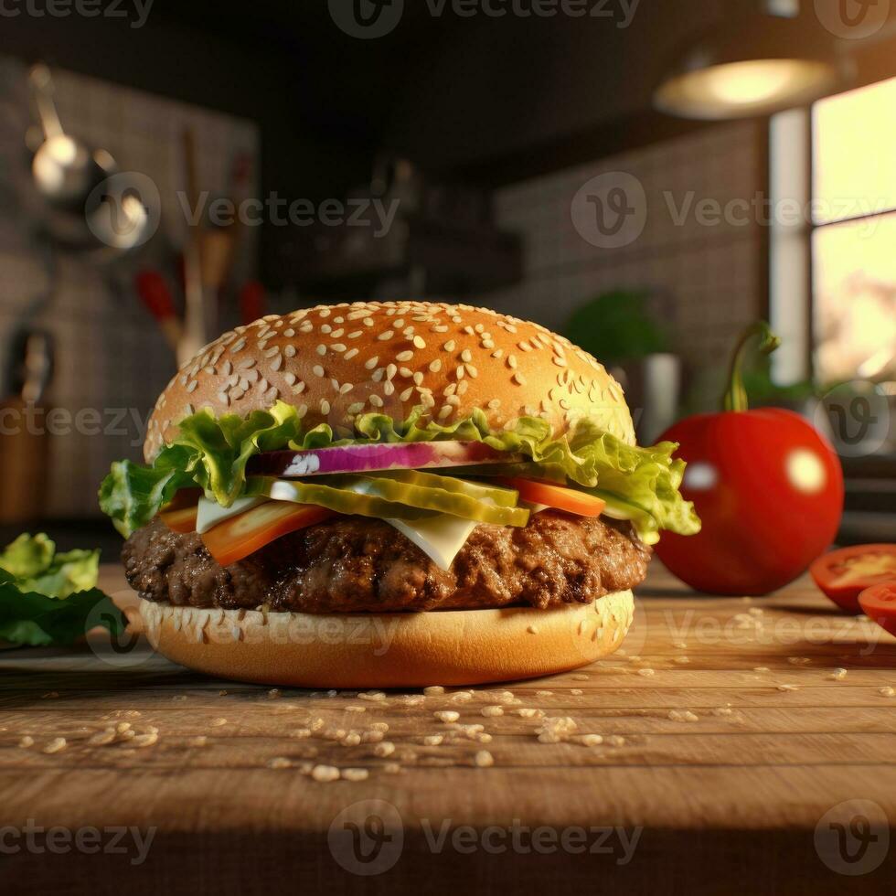 AI generated Home made hamburger with lettuce and cheese photo