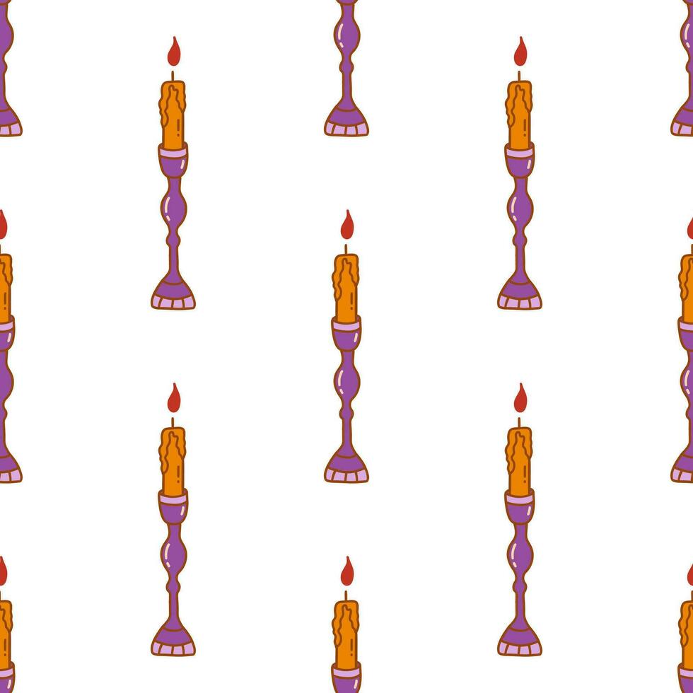 Seamless pattern. Burning orange candle in antique candlestick. Vector