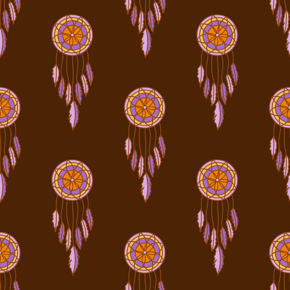 Seamless pattern. Dreamcatcher with feathers and flower. Vector