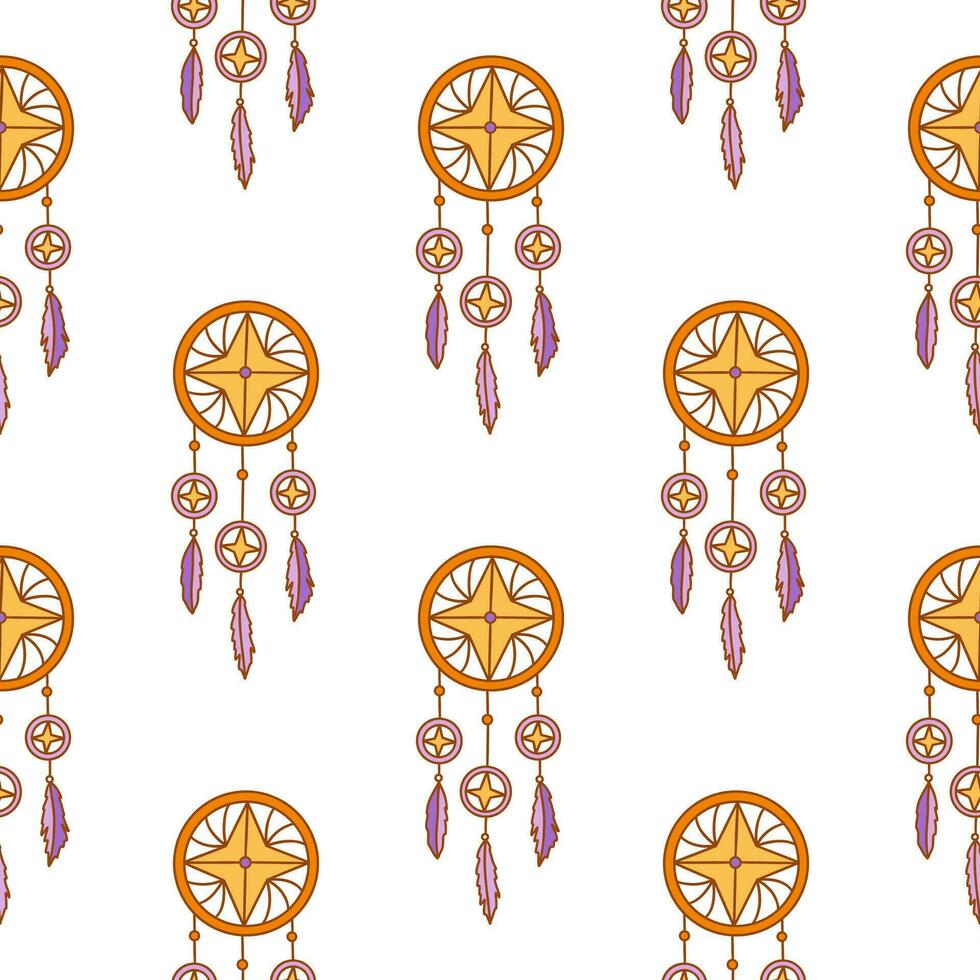 Seamless pattern. Dreamcatcher with three purple feathers. Vector