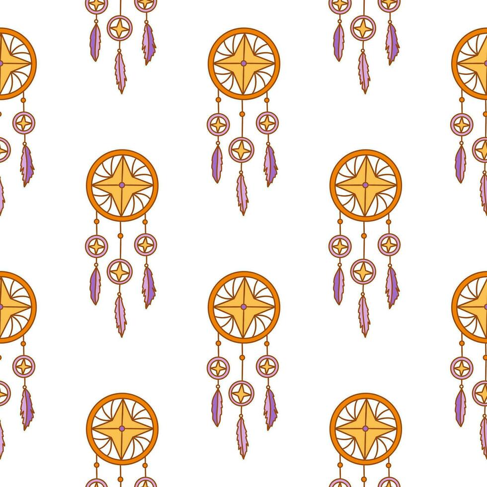 Seamless pattern. Dreamcatcher with three purple feathers. Vector
