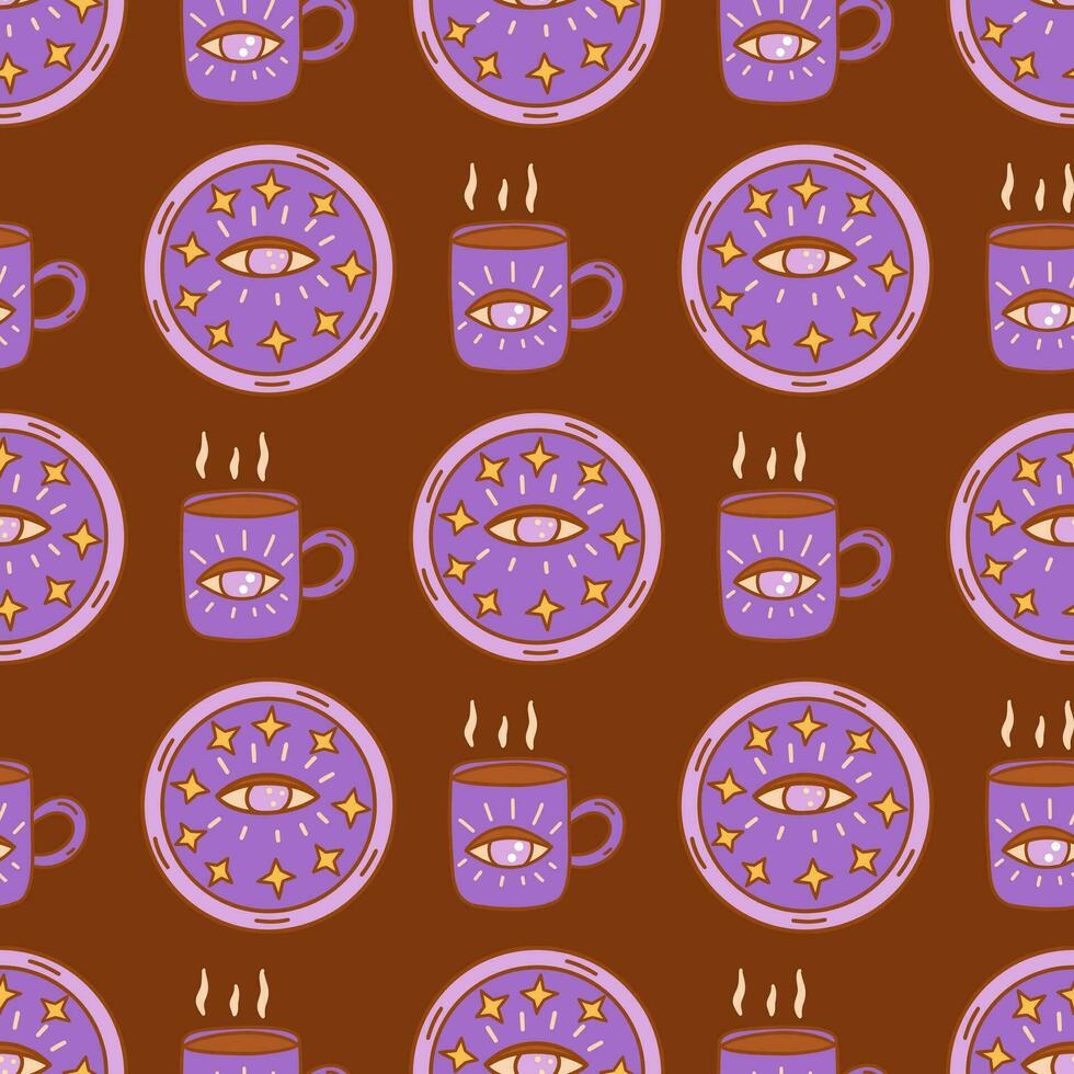 Seamless pattern. Purple cup and plate with third eye. Vector