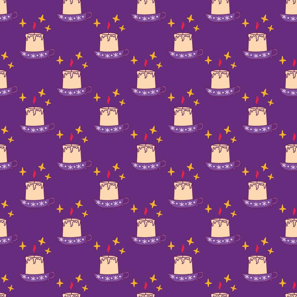 Seamless pattern. Candle in candlestick. Purple background. Vector