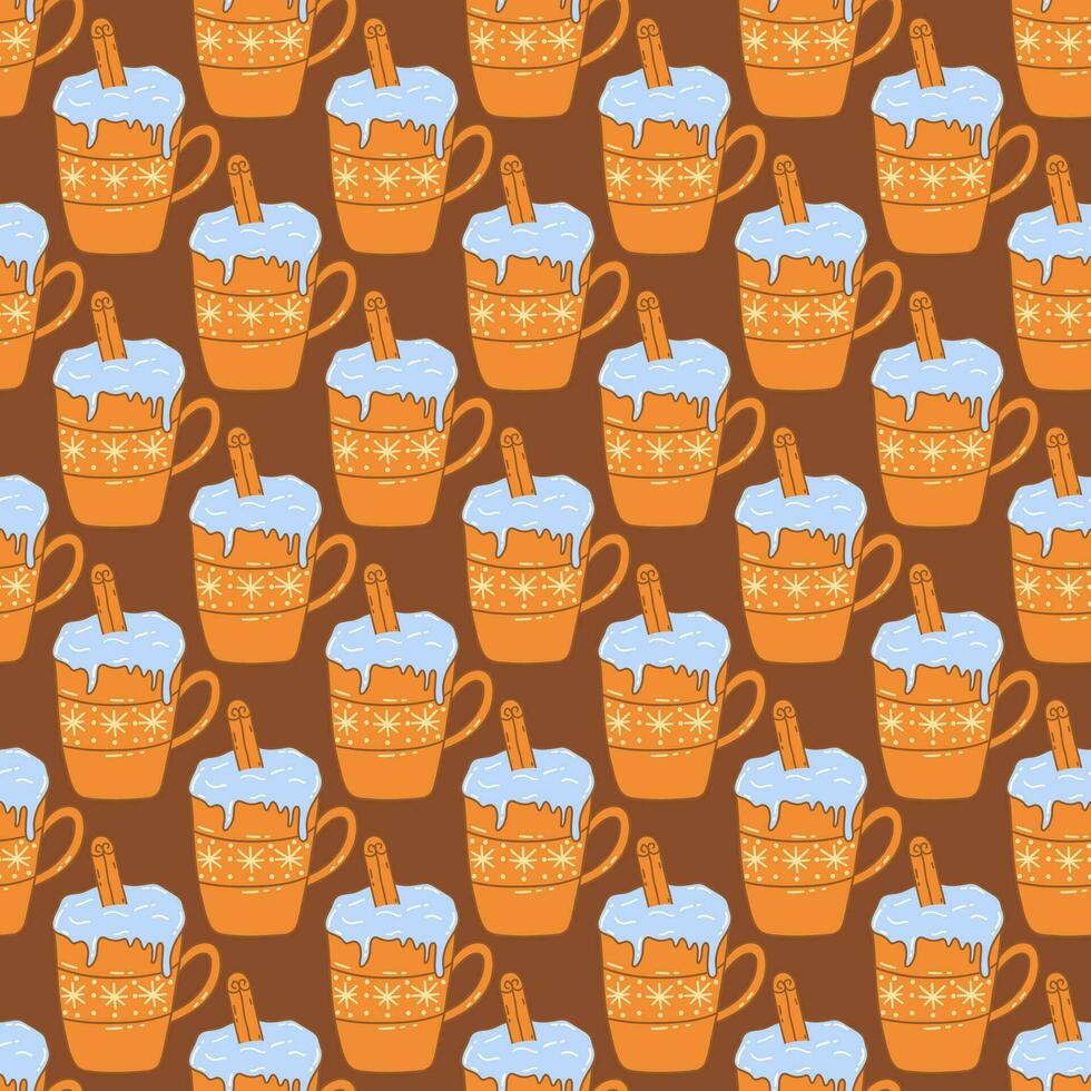 Seamless pattern. Christmas cup with drink and cinnamon stick. Vector