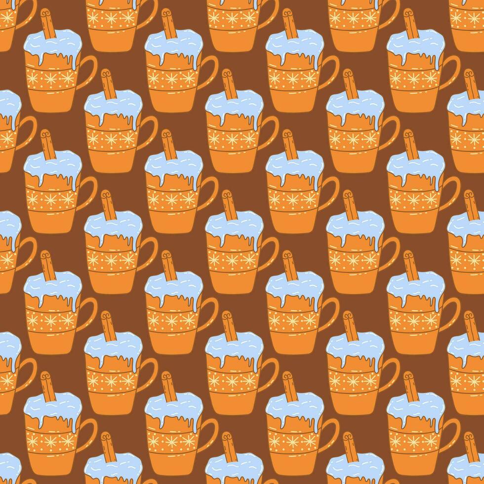 Seamless pattern. Christmas cup with drink and cinnamon stick. Vector