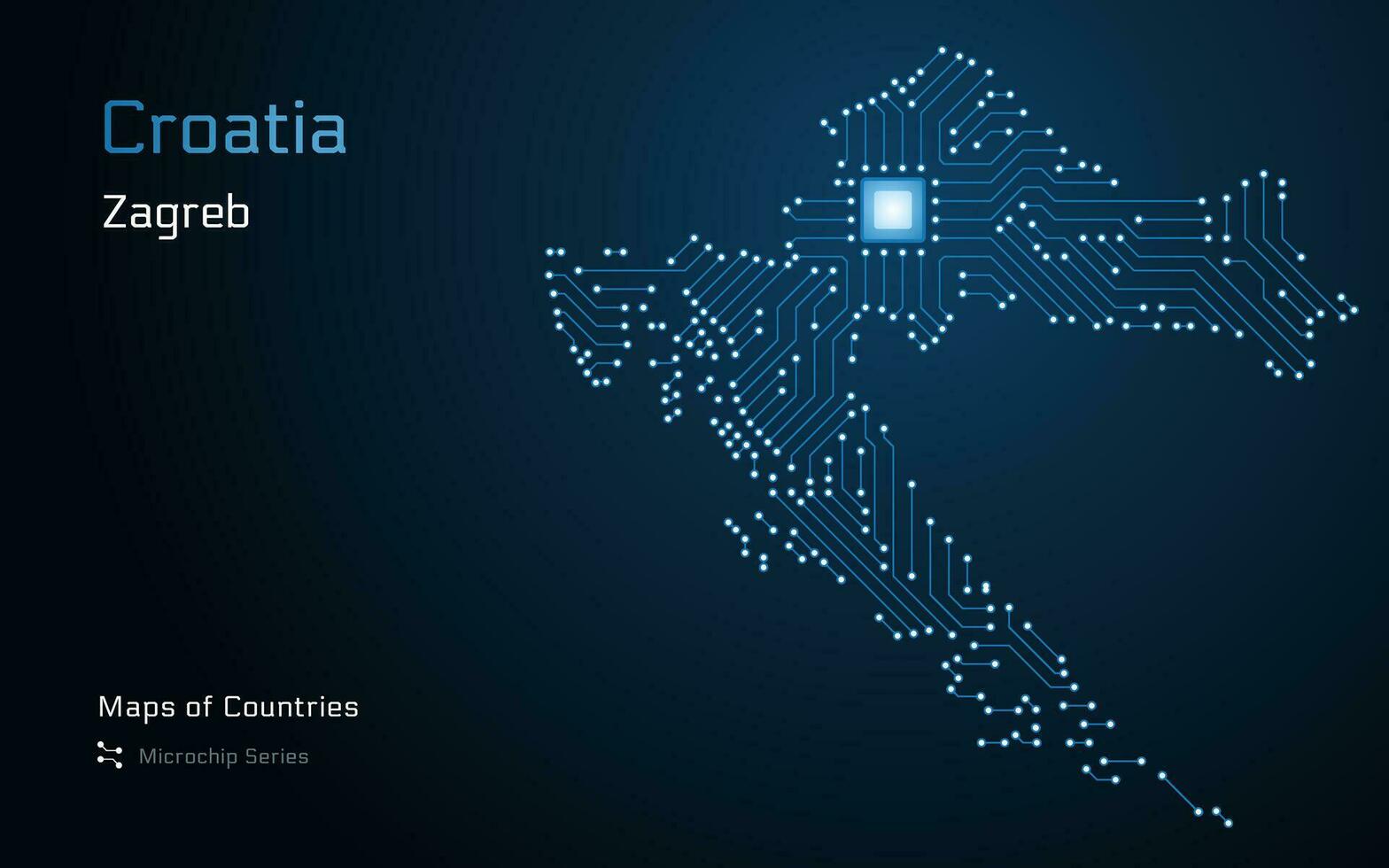 Croatia Map with a capital of Zagreb Shown in a Microchip Pattern. E-government. World Countries vector maps. Microchip Series