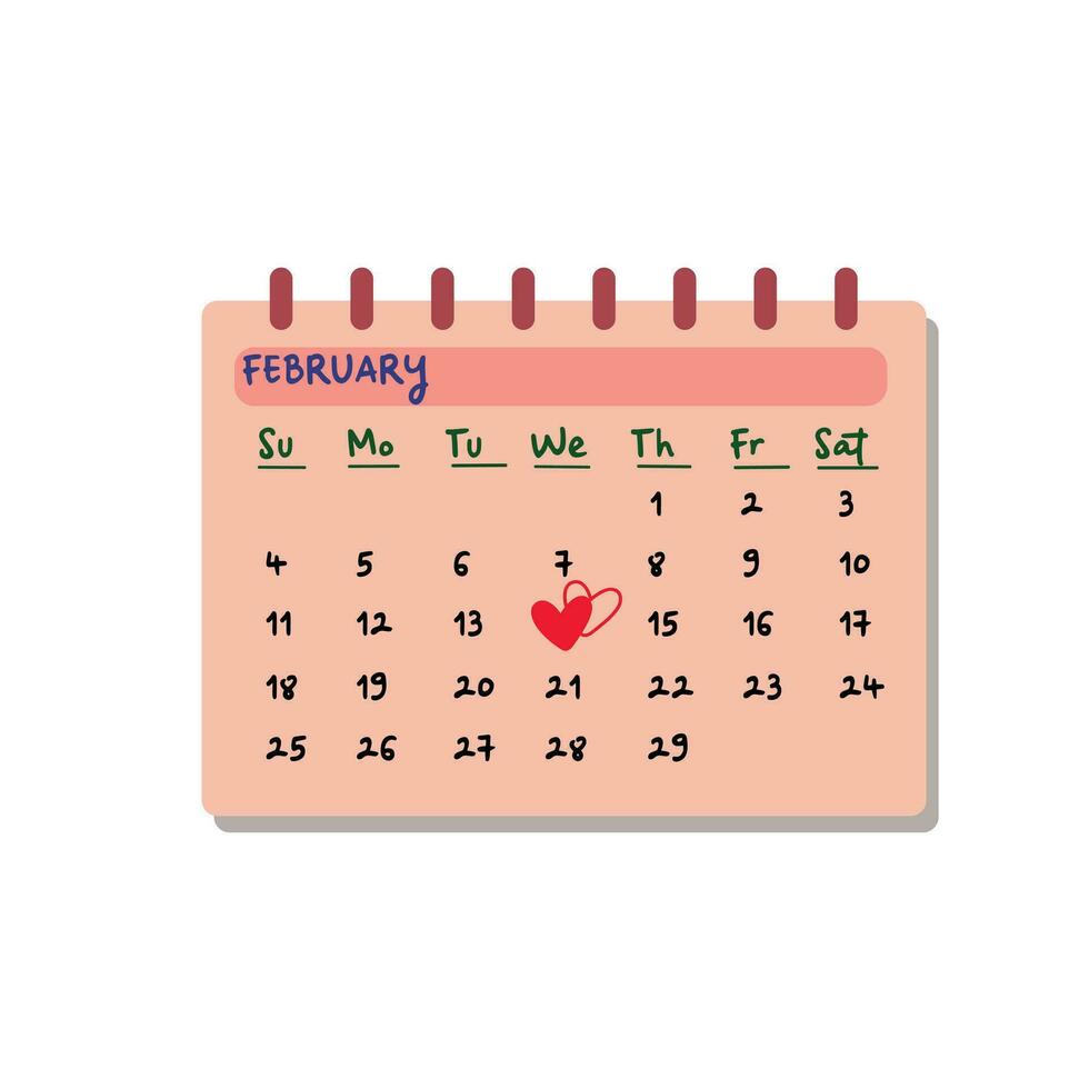 Valentine's day calendar flat vector illustration isolated on white background. Element for Valentine's day concept. Doodles clip art in cartoon style. Happy Valentine's day.