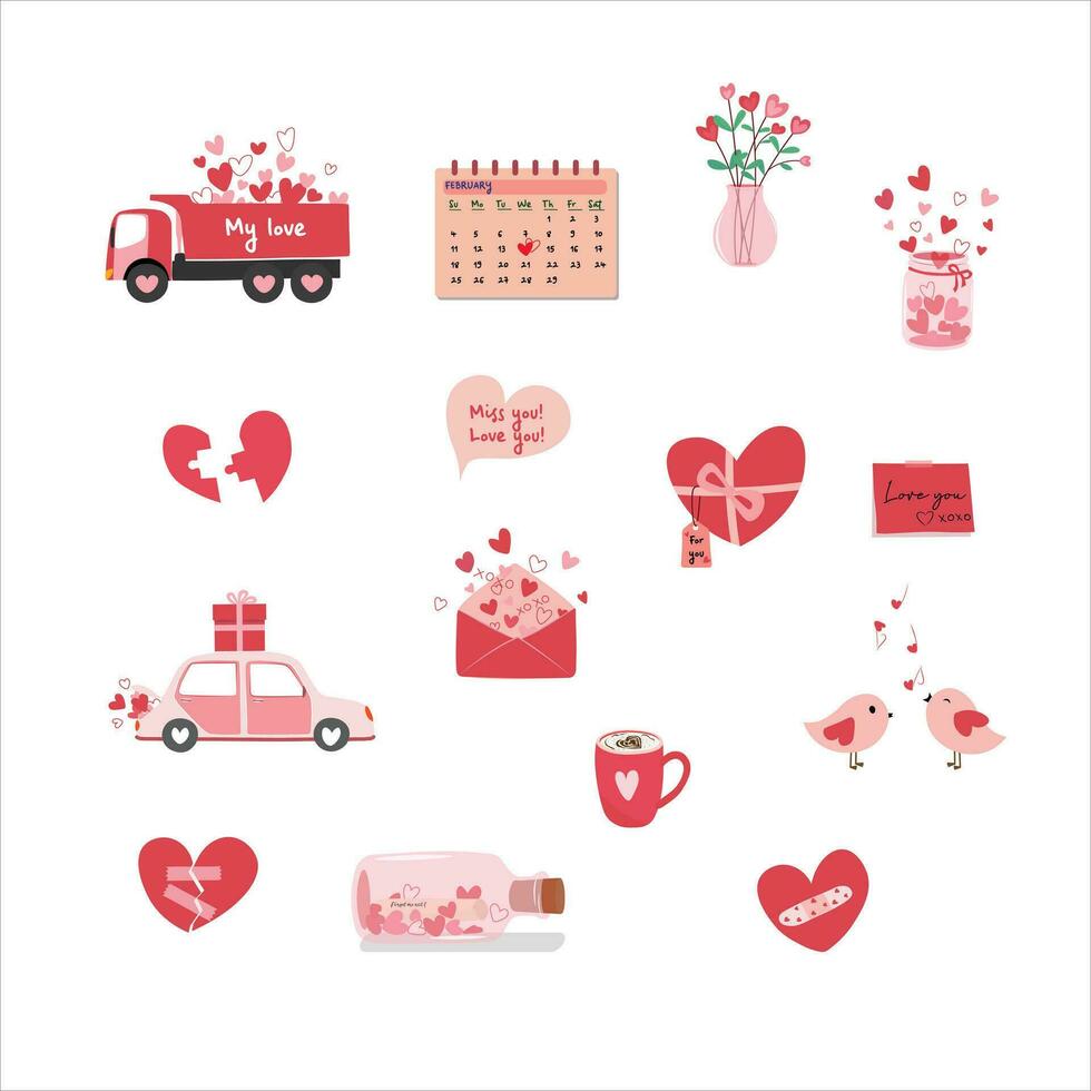 conjunto de San Valentín día elementos plano vector ilustración aislado en blanco antecedentes. garabatos acortar Arte en dibujos animados estilo para San Valentín día concepto. contento San Valentín día.