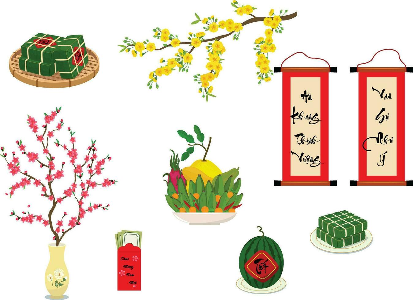 Set of elements for Tet holiday concept flat vector illustration isolated on white background. Vietnamese traditional new year. Lunar new year. Tet festival.