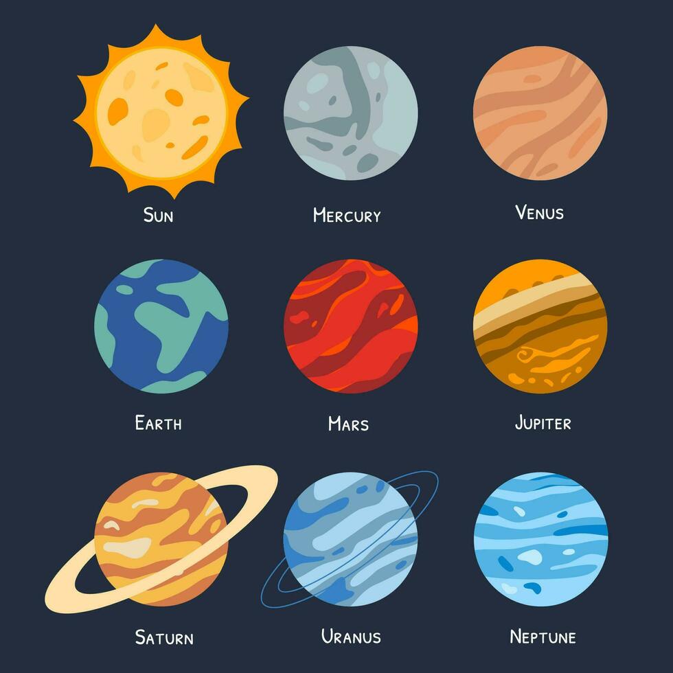 dibujos animados planetas con diferente nombres y caras vector